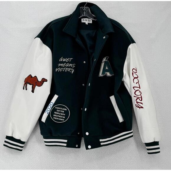Awet New York Awet Means Victory Mens Sage Green Letterman Jacket Sz M